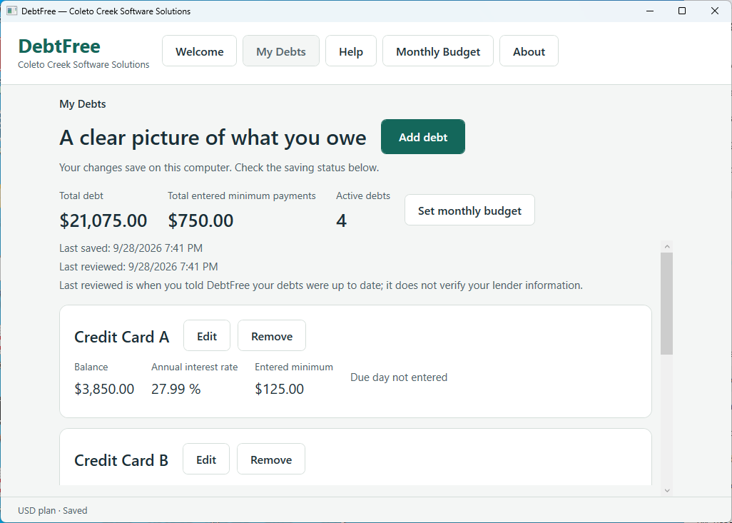 DebtFree My Debts screen showing total debt, minimum payments, and individual debt balances and interest rates.